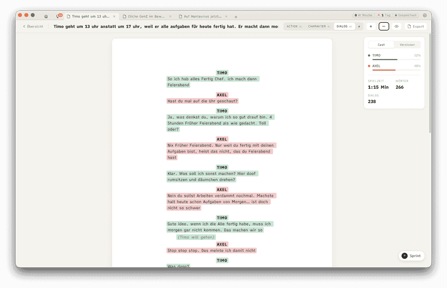 ScriptZ editor with character highlights and cast sidebar