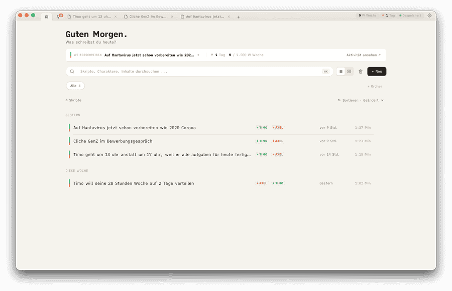 ScriptZ overview with script list and characters